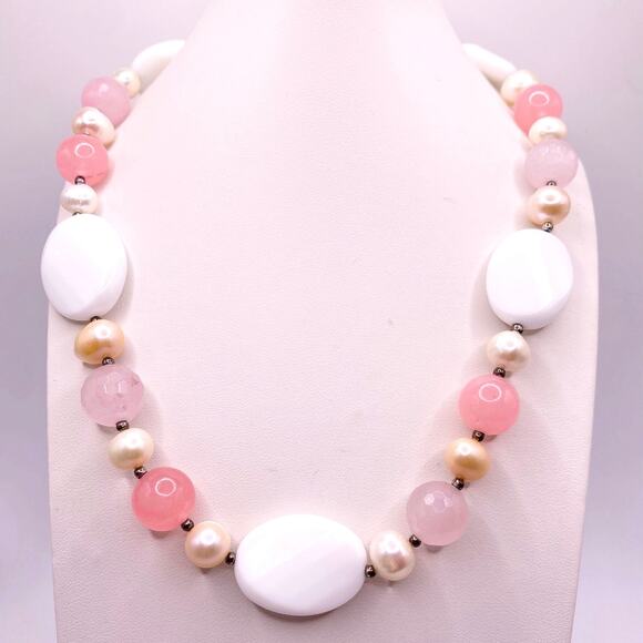Vintage Handmade Necklace Rose Quartz and White Calcedony 16” - Picture 1 of 5